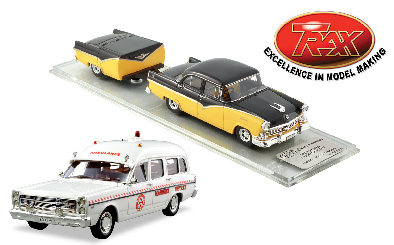 TRAX Ford ZD Fairlane Ambulance and 1957 Ford Customline and Trailer Model Car Reviews