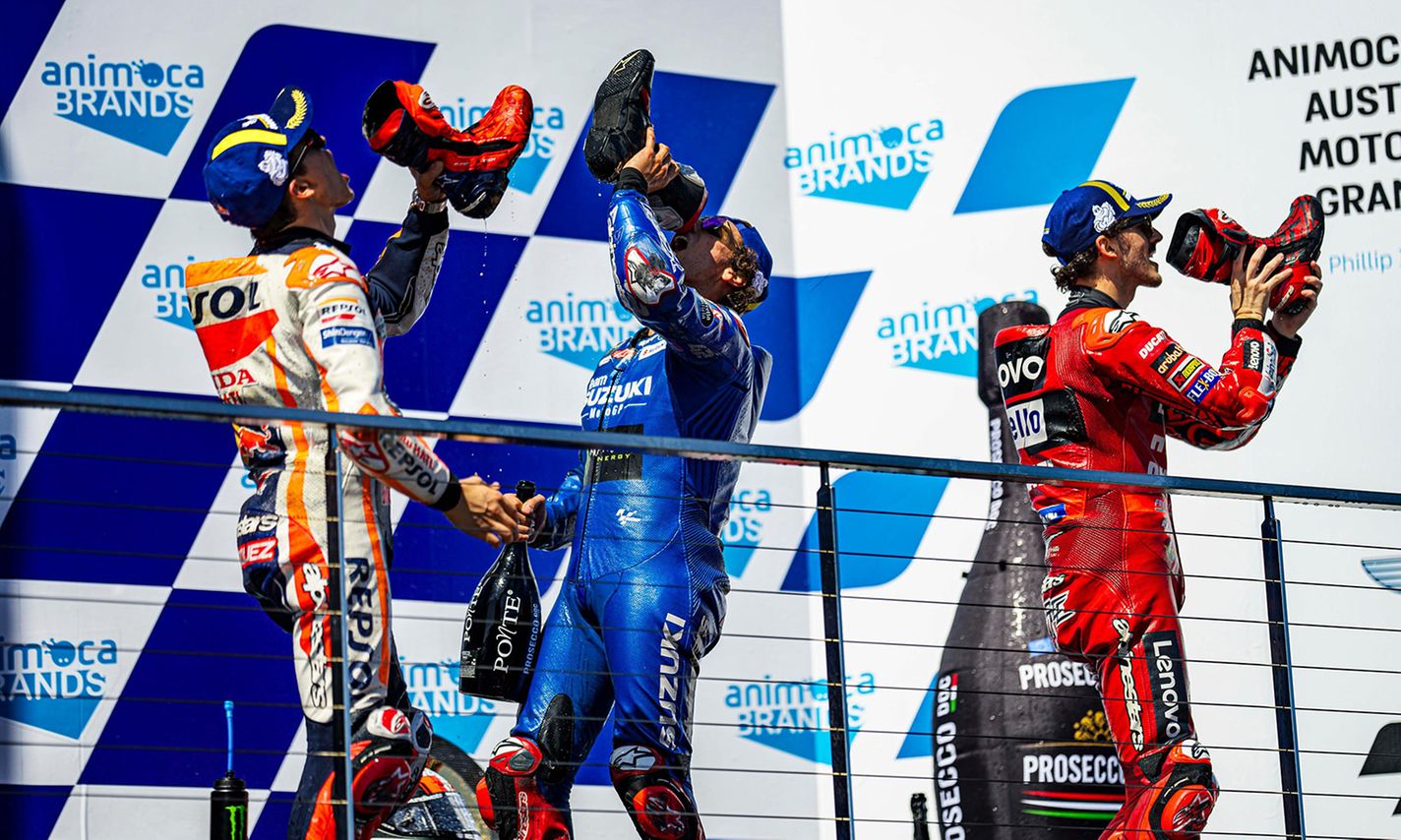 Magical Victory for Alex Rins in Australia, Marc Marquez 100th Podium Finish, Pecco Bagnaia Leads Championship as Fabio Quartararo Crashes Out.