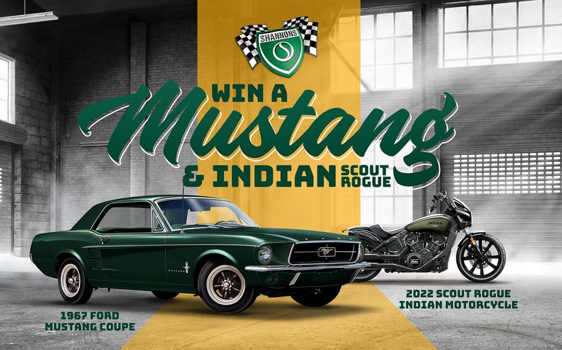 Win a 1967 Ford Mustang Coupe and a 2022 Scout Rogue Indian Motorcycle with Shannons!